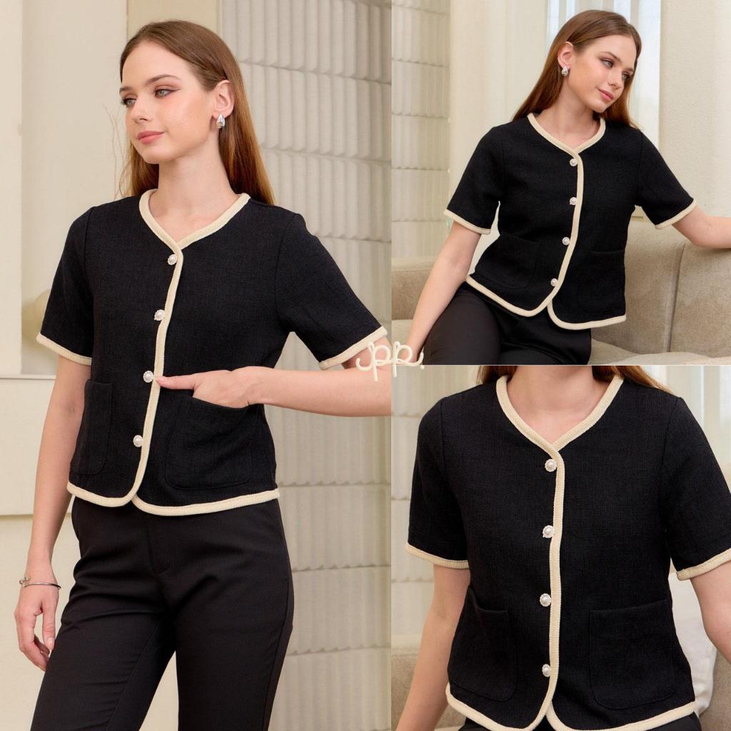 POI เสื้อทวิตคอกลมแขนสั้นแต่งขอบกระดุมหน้า สีฟ้า สีครีม สีชมพู สีขาว ใหม่สีดำ L004H6