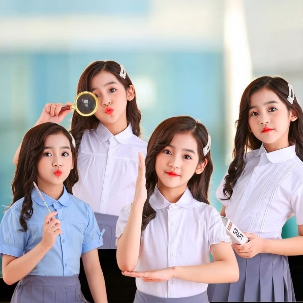 M0171 เสื้อเชิ้ตเด็กผู้หญิง แขนยาวสีขาว เสื้อเชิ้ตคอบัว แต่งลูกไม้ เย็บตีเกล็ด สวยสไตล์ลุคคุณหนู