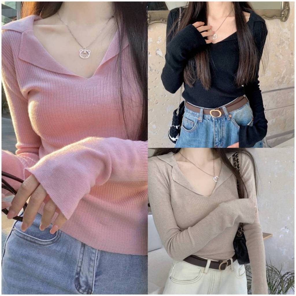 ( เเถมฟรีสร้อยคอ )  เสื้อไหมพรมเเขนยาว รุ่น anncy มี 4 สี ดำ ขาว ครีม เทา ดำ ชมพู งานเเฟชั่นลุคใหม่น่ารักมาก
