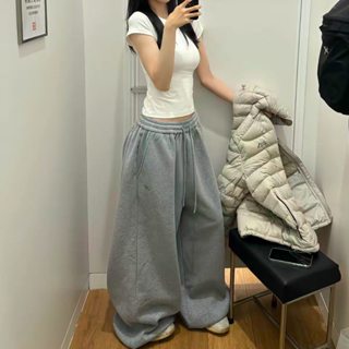 กางเกงขายาวลำลองผู้หญิงสีเทา สไตล์อเมริกันฮิปฮอป เอวยางยืดมี…