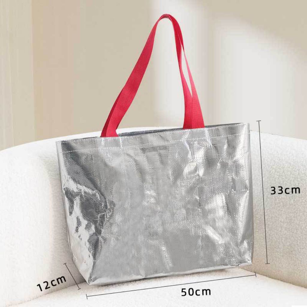 Shopping Bag / Woven Bag ถุงช้อปปิ้งกันน้ำ สีเงินเรียบหรู สะพายไหล่ กระเป๋าช้อปปิ้ง กระเป๋ากระสอบ