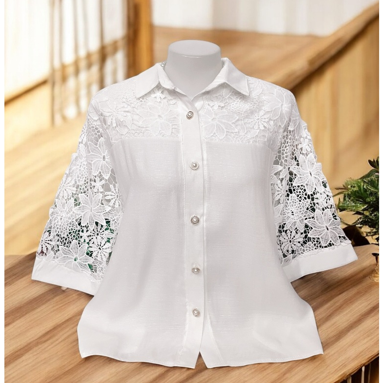 เสื้อลูกไม้ผ้าลินินผสมกระดุมเชิ้ต รอบอก38-42/44-46/48-52นิ้ว ฟรีไซส์ เสื้อใส่งานวันแม่ เสื้อลูกไม้ใส่ทำบุญ ผ้าไม่หนา