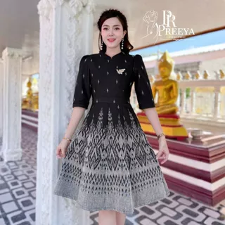 PR168 เดรสผ้าฝ้ายทอลาย อัดกาวทั้งชุด คัตติ้งเนี๊ยบ มีไซส์S-2XL แบรนด์ preeya