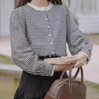 Red Berryเสื้อเชิ้ตแขนยาวคอกลมลายสก๊อตสไตล์ย้อนยุคฝรั่งเศสสำหรับผู้หญิง99217