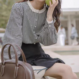 Red Berryเสื้อเชิ้ตแขนยาวคอกลมลายสก๊อตสไตล์ย้อนยุคฝรั่งเศสสำหรับผู้หญิง99217