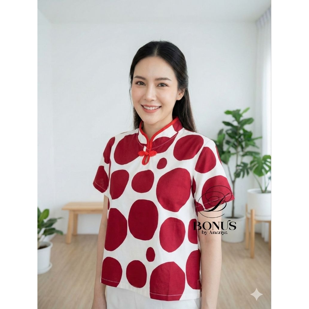 📌เสื้อคอจีนผ้าคอตตอลญี่ปุ่น กุ๊นปกเสื้อ ติดกะดุมจีน เนื้อผ้าใส่สบาย เสื้อ อก46