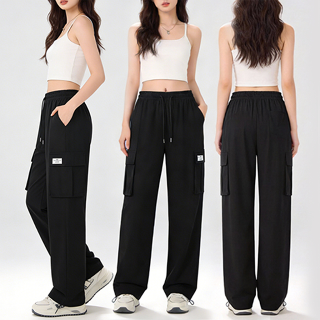 S~5XL Black Overalls ชุดเอี๊ยมไหมน้ำแข็งทรงตรงสุดอินเทรนด์สีดำ ดีไซน์หลายกระเป๋า กางเกงขายาวทรงตรงแบบสวมสบายรุ่นใหม่ HOT