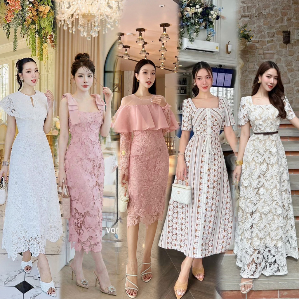 S-XXL ชุดเดรสลูกไม้สีขาว, ชมพู, ดำ แต่งระบาย คอเหลี่ยม ใส่ออกงาน ใส่ทำบุญ  #Abigail #Parnwad
