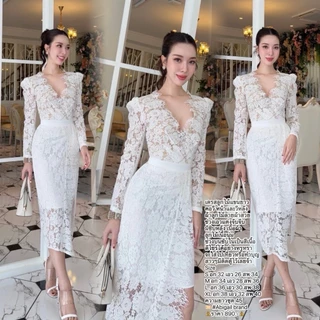 S-XXL ชุดเดรสสีขาว,ชมพู,ครีม ใส่ออกงาน ไปงานแต่ง งานบุญ งานบวช พรีเวดวิ้ง #Abigail