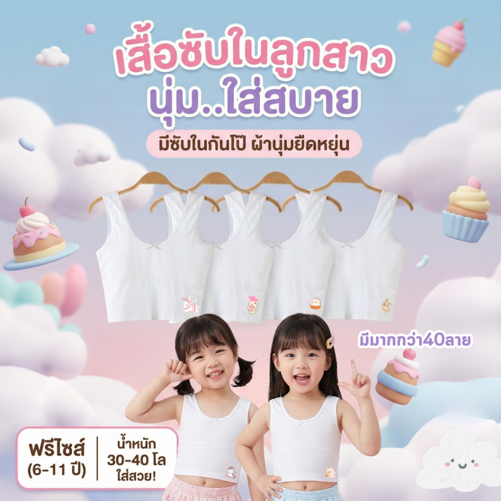 บราเด็กนักเรียน เฟิร์สบราครึ่งตัว สปอร์ตบรา ซับในนักเรียน ฟรีไซส์ 6-11ปี 30-40กิโล ใส่ได้ มีซับในกันโป๊ #2