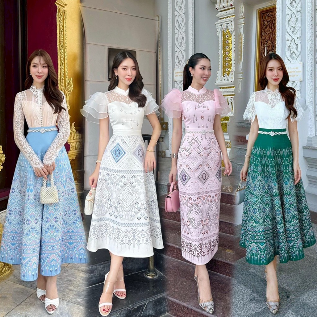 S-XXL ชุดเดรสพิมพ์ลายไทยสีขาว,ชมพู,ครีม,ม่วง,ฟ้า,น้ำเงิน,กรม,เขียว กระโปรงทรงเอบานสวยๆ  #Abigail