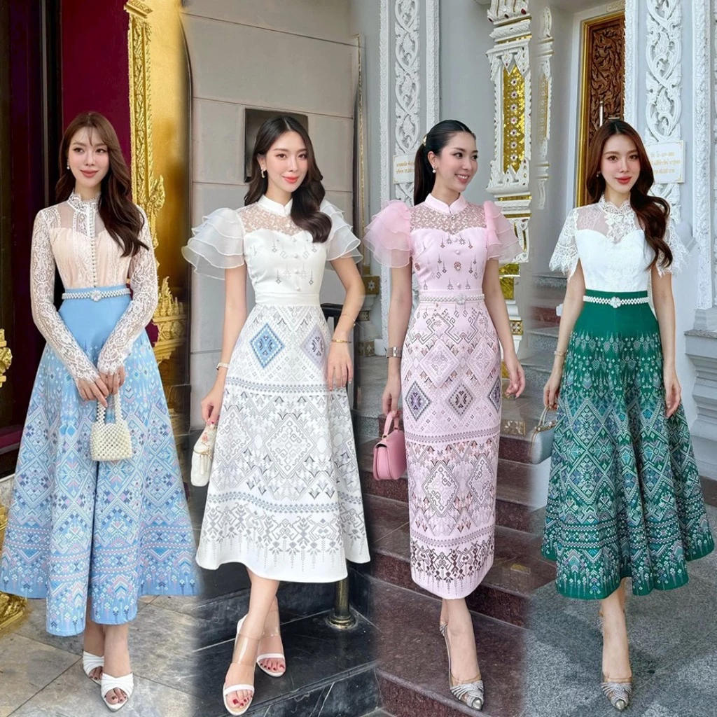 S-XXL ชุดเดรสพิมพ์ลายไทยสีขาว,ชมพู,ครีม,ม่วง,ฟ้า,น้ำเงิน,กรม,เขียว กระโปรงทรงเอบาน #Abigail