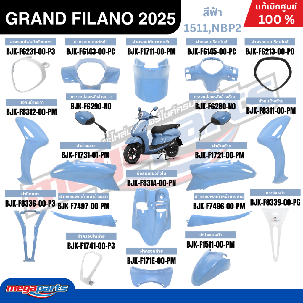 ชุดสีทั้งคัน GRAND FILANO HYBRID 2025 Yamaha (ABS) สีฟ้า 1511,NBP2 แกรนด์ ฟีลาโน่ แท้เบิกศูนย์ยามาฮ่า (Megaparts Store)