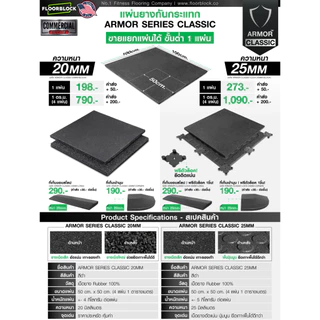 แผ่นยางกันกระแทก 50×50 รุ่น ARMOR CLASSIC (หนา 20มม.) ชุด 4 แผ่น 1 ตารางเมตร