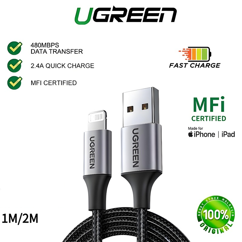 UGREEN USB 2.4Aสายชาร์จ ถักไนลอน Aluminum alloy shell ประกัน 2 ปี for 14/13/12/11