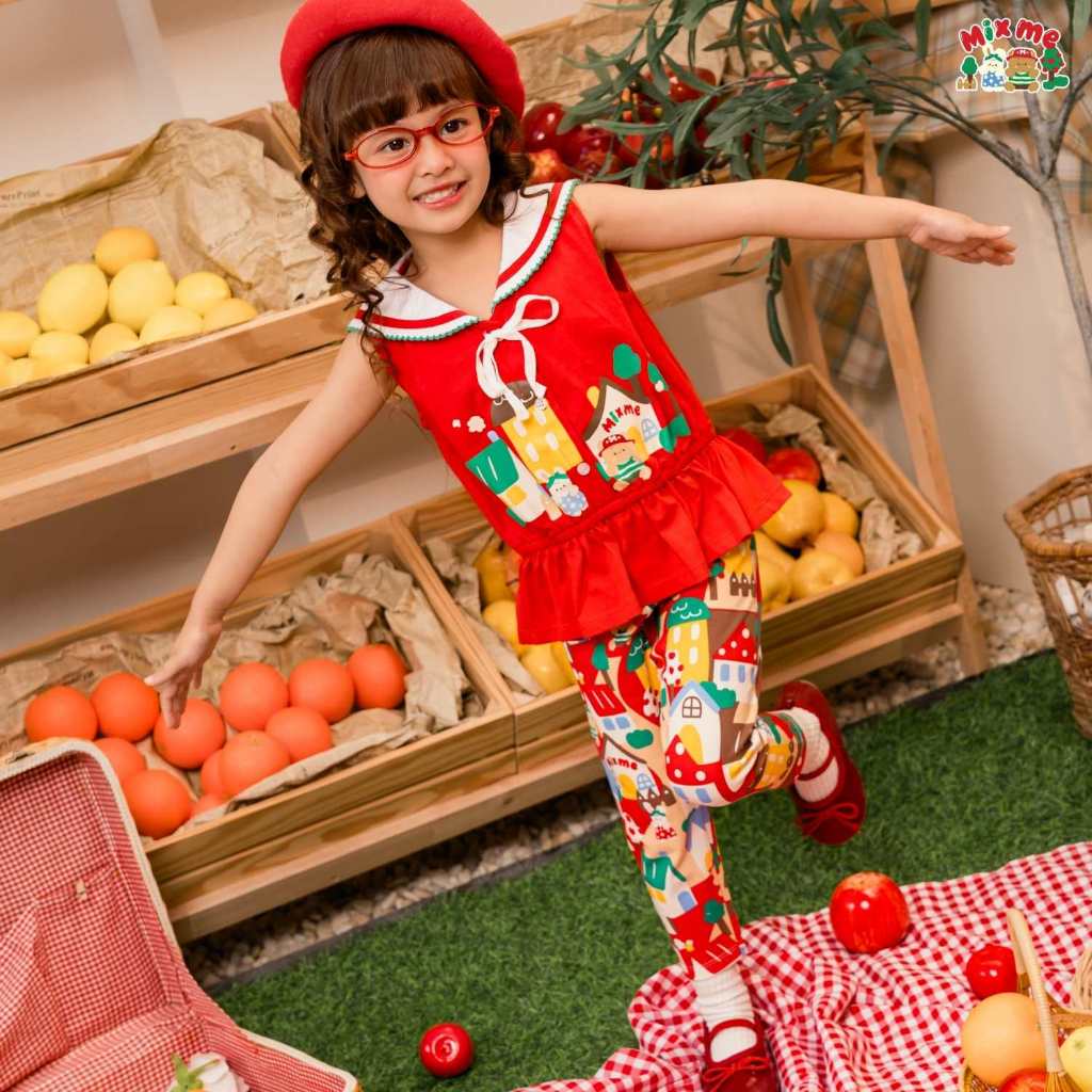 Mix Me เสื้อปกฉลุ กางเกงเลคกิ้ง พิมพ์ลาย ผ้า Single jersey Cotton เด็กหญิง อายุ 1-7ปี เสื้อผ้าเด็ก ร