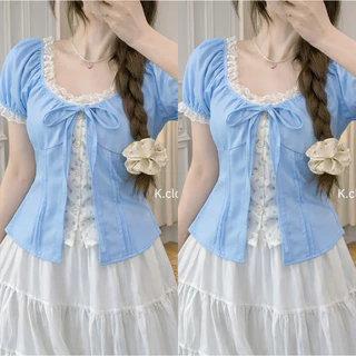 (อก28-40)เสื้อแขนตุ๊กตา ผูกโบว์หน้าดีเทลแต่ง 2 ชั้น (งานชิ้นเดียว) สาวอวบใส่ได้อกถึง 40(เสื้ออย่างเดียว) เสื้อผ้าผู้หญิง