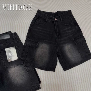 Vintage รุ่น 6025 กางเกงยีนส์ ขาสั้น สีดำ คาร์โก้ แต่งเฟดขา ทรงสวย ผ้าไม่ยืด กระเป๋าตรง 2 ใบ
