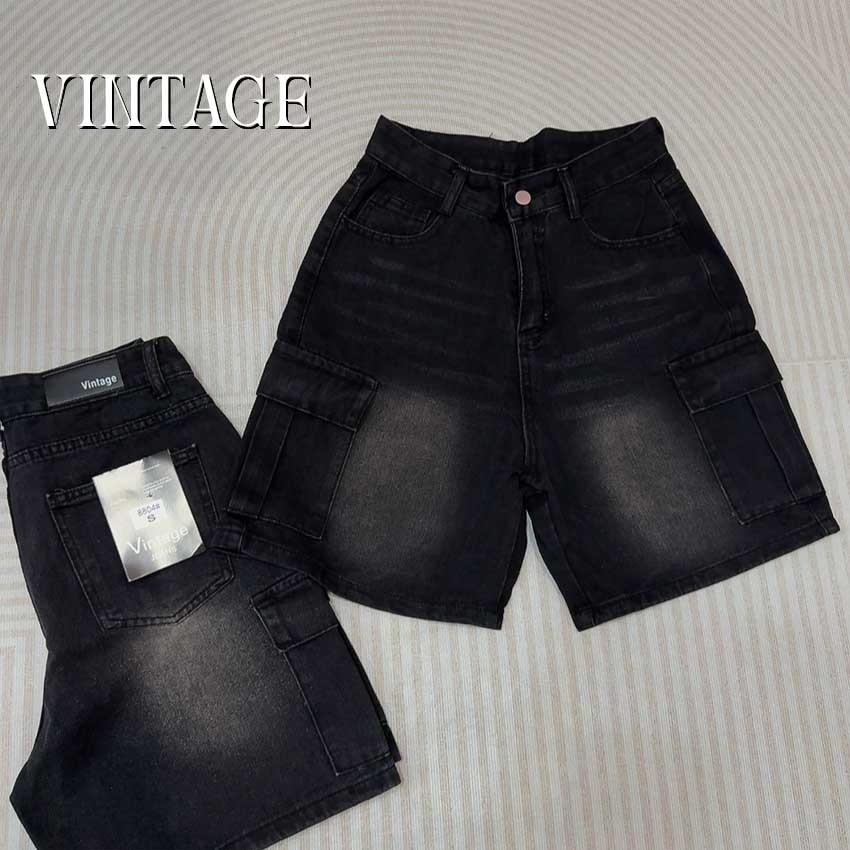Vintage รุ่น 6025 กางเกงยีนส์ ขาสั้น สีดำ คาร์โก้ แต่งเฟดขา ทรงสวย ผ้าไม่ยืด กระเป๋าตรง 2 ใบ