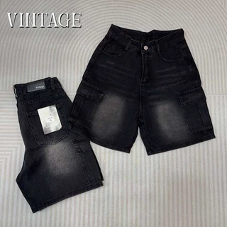 Vintage รุ่น 6025 กางเกงยีนส์ ขาสั้น สีดำ คาร์โก้ แต่งเฟดขา ทรงสวย ผ้าไม่ยืด กระเป๋าตรง 2 ใบ