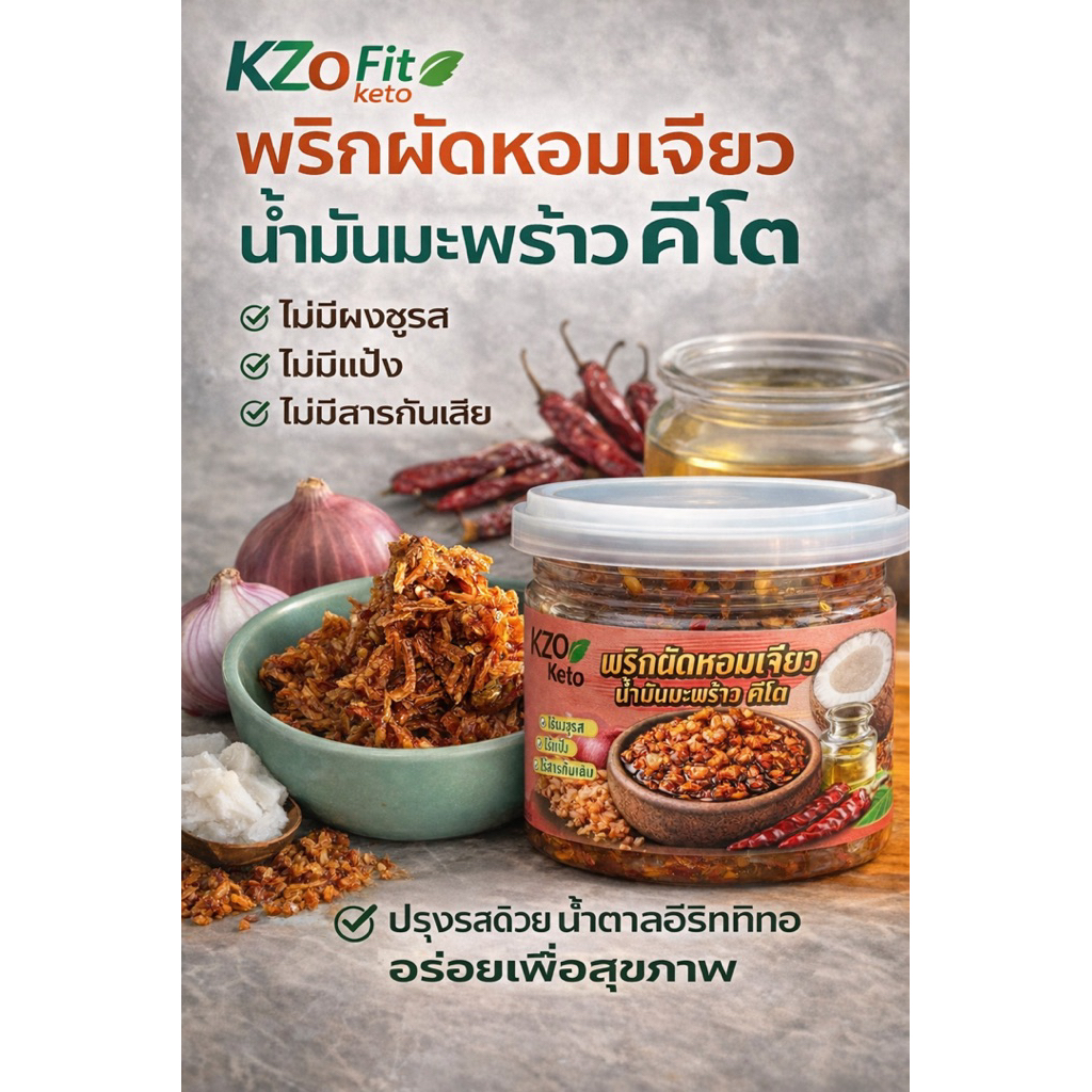 พริกผัดหอมเจียวน้ำมันมะพร้าวคีโตไม่มีผงชูรสราคา69บาทน้ำหนักสุทธิ130กรัม