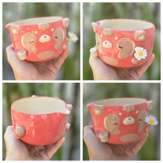 ถ้วยมัทฉะลายสัตว์น่ารัก ถือดอกไม้ ถ้วยชาลายสัตว์น่ารัก ของขวัญน่ารัก พร้อมส่ง