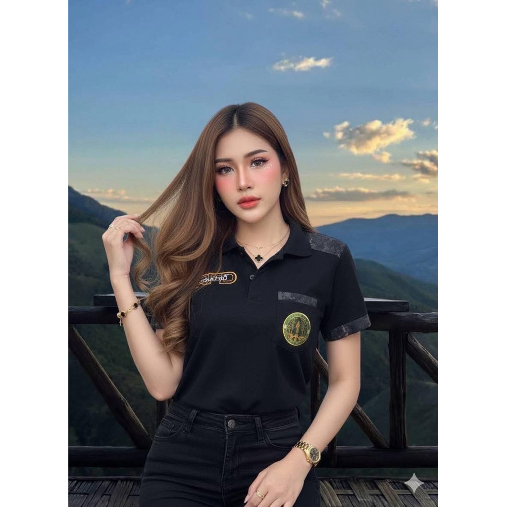 เสื้อโปโลสีดำกรมป่าไม้เนื้อผ้ากีฬามีลายพรางงานปัก