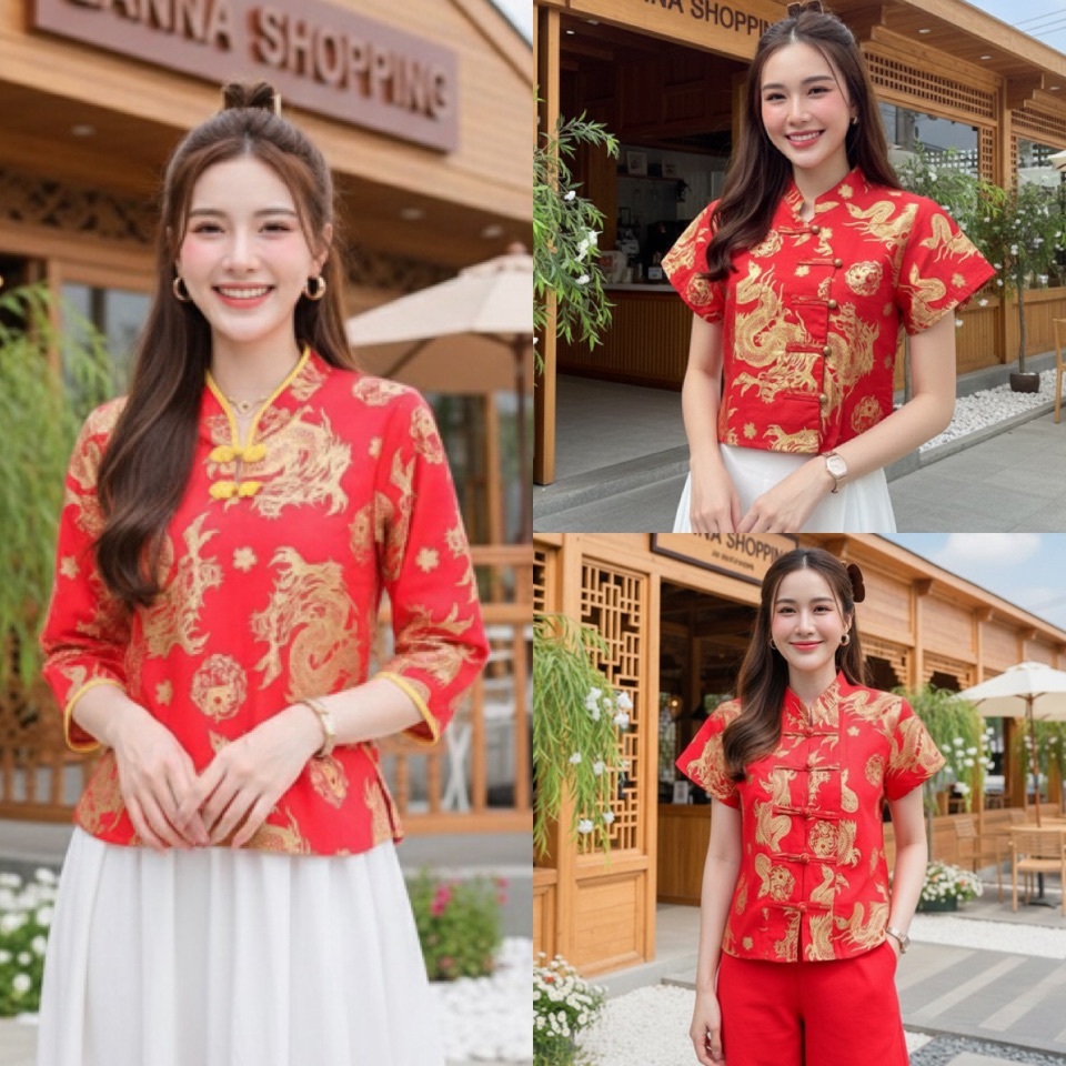 เสื้อสีแดงใส่ตรุษจีน ผ้าฝ้ายลายมังกร