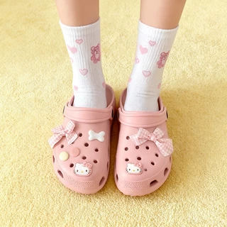 Fshoes รองเท้าแตะสำหรับเดินชายหาด ลายแมวการ์ตูนโบลายตารางชมพู พื้นนุ่มลดกลิ่น ใส่สบายมาก มีหลายสี