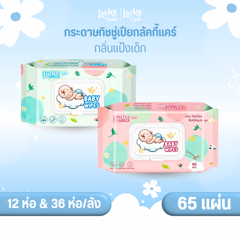 (12ห่อและ36ห่อ/ลัง) ลัคกี้แคร์ ทิชชู่เปียกลัคกี้แคร์ 65 แผ่น ไม่มีแอลกอฮอล์ ไม่มีพาราเบน