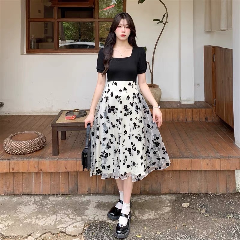เดรส ลายดอกไม้ สายเดี่ยว ชุดเดรส เดรสมัดย้อม  ไปทะเล ผู้หญิง รัดรูป น่ารัก dress