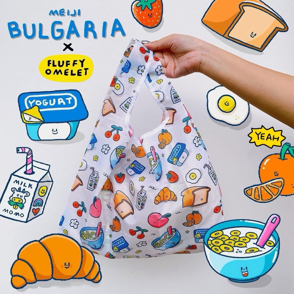 กระเป้าผ้าพับได้ Meiji Bulgaria x fluffy omelet 🍳🌈🛒🍎