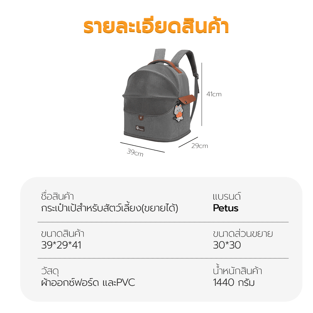 กระเป๋าสัตว์เลี้ยง กระเป๋าใส่แมว Pet Backpack carrier แผ่นรองนุ่ม ถอดซักได้ ระบายอากาศดี ลดความอับชื้น Petus pet รูปที่ 6
