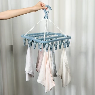 ราวหนีบผ้าพลาสติกหมุนได้ 360 องศา ตัวหนีบ32ตัว ที่หนีบผ้า ตากผ้า ของใช้ในหอ พับได้ ที่หนีบถุงเท้า