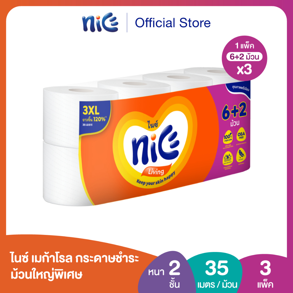 (3 แพ็ค 24 ม้วน) Nice ไนซ์ เมก้าโรล กระดาษชำระ ม้วนใหญ่พิเศษ แพ็ค 6+2 ม้วน (35ม./ม้วน) (ทิชชู่ กระดาษทิชชู่) x 3