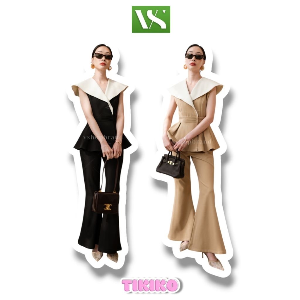 VSHOP  Set เสื้อแขนกุดทรงสูทปกทูโทนชายระบาย + กก.ขาม้า 4215-1