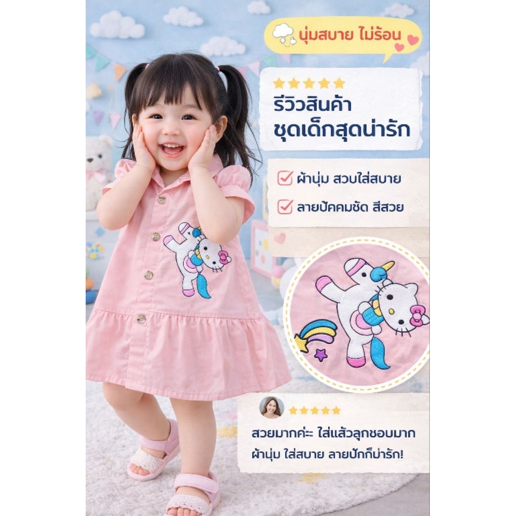 ✨ เดรสยูนิคอร์นสุดคิ้วท์ กระดุมหน้า ผ้าCotton นิ่มๆ ไซส์ 0-5ปี ใส่สบาย ไม่ร้อน ระบายอากาศได้ดี - รูปที่ 7