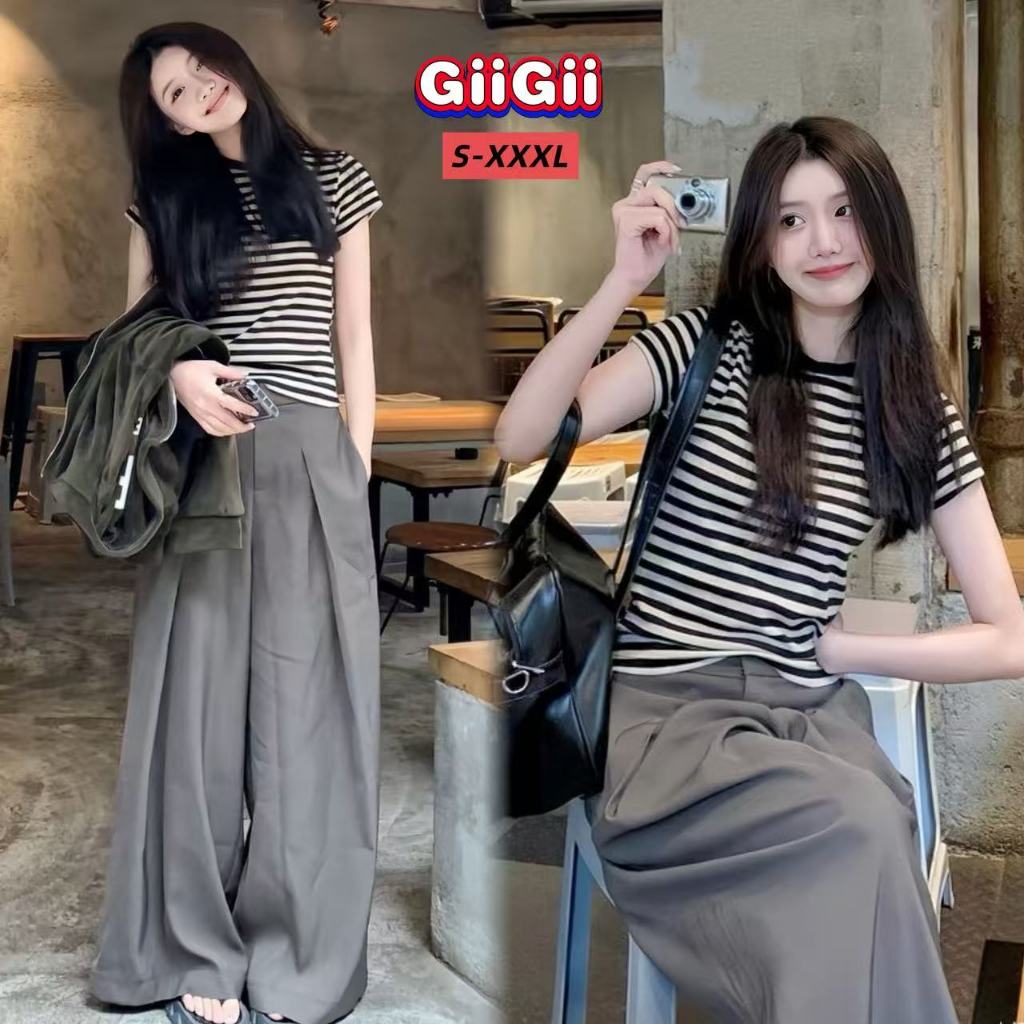 ส่งไวจากไทย ทรงสั้นเข้ารูป ลายทาง เสื้อยืดลายทาง เสื้อยืดผู้หญิง🍒GiiGii