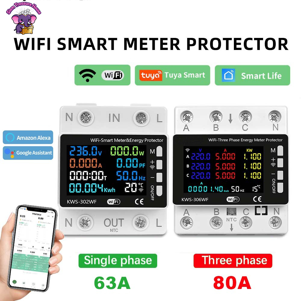63a Tuya WIFI สมาร์ท Circuit Breaker Energy Meter KWh Power รีโมทคอนโทรลแรงดันไฟฟ้าปกป้อง Smart Life
