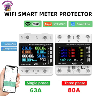 63a Tuya WIFI สมาร์ท Circuit Breaker Energy Meter KWh Power รีโมทคอนโทรลแรงดันไฟฟ้าปกป้อง Smart Life