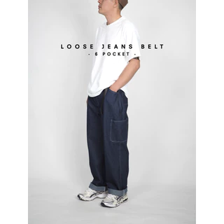LOOSE JEANS BELT - กางเกงยีนส์ 11 oz. 6กระเป๋า ทรงหลวม เอวยางยืด มีเข็มขัดปรับระดับได้