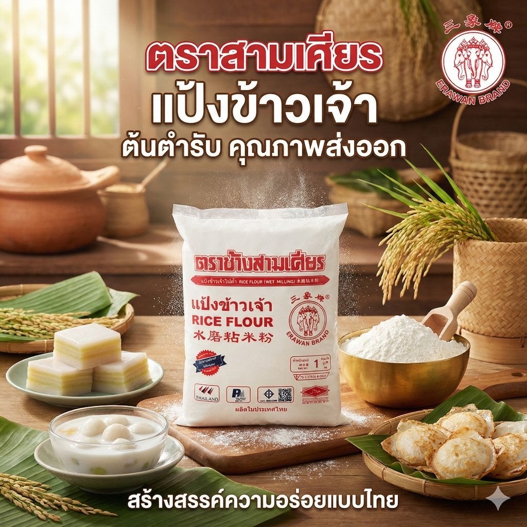 🥮ERAWAN แป้งข้าวเจ้า ตรา ช้างสามเศียร ขนาด 1 กิโลกรัม.🥮