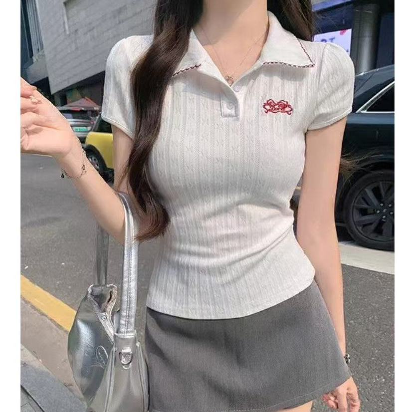 🔥Rosy Bra💥เสื้อยืดคอปกแขนสั้น เสื้อครอปไหมพรม กระดุมหน้า ผ้านิ่ม สไตล์เกาหลี สไตล์ลำลอง - รูปที่ 7