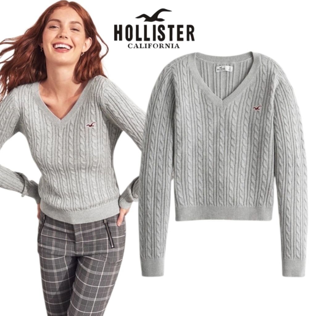 Hollister Cable Knit icon Logo V-Neck Sweater ( เทา )