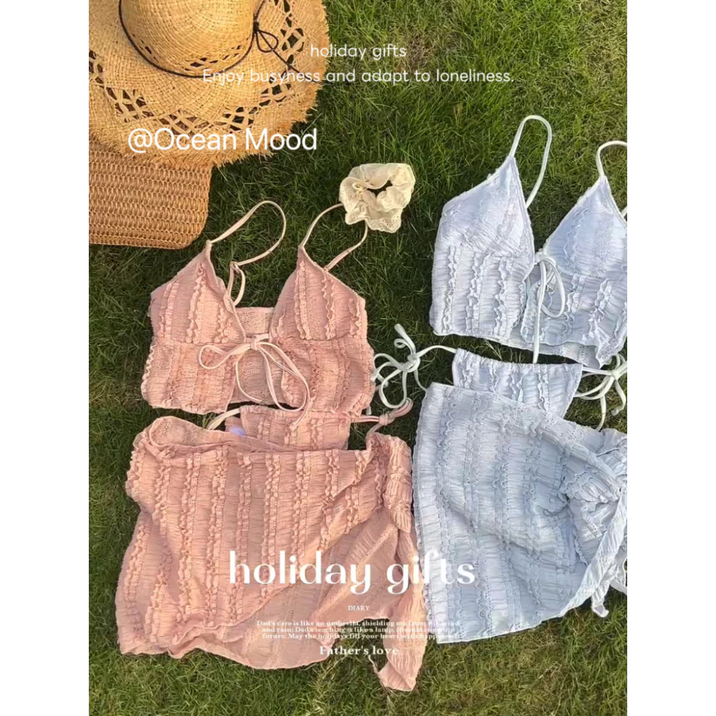ชุดว่ายน้ำผู้หญิง บิกินี่ 3 ชิ้น Bikini เสื้อผูกโบว์ ผ้าจีบ เซ็กซี่หวาน สไตล์เกาหลี | Ocean Mood