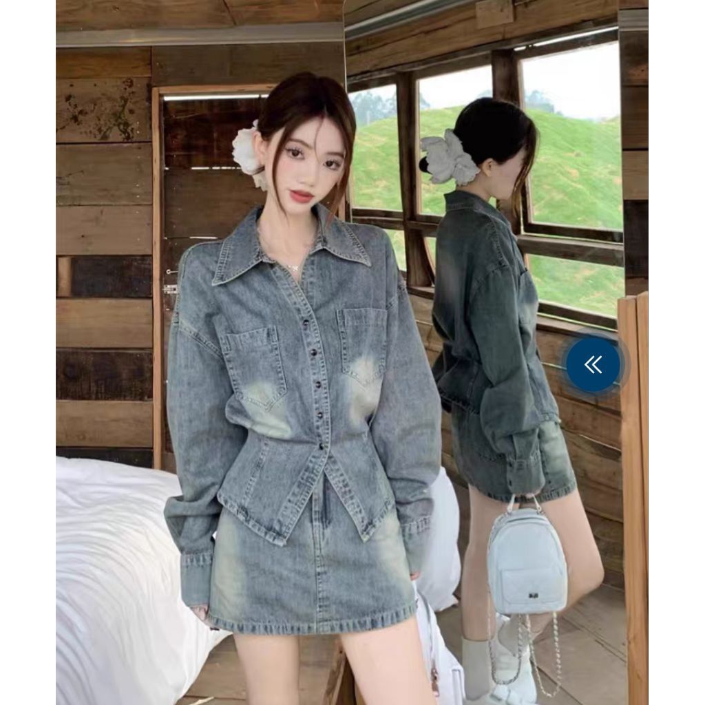 ชุดเซ็ทยีนส์ 2 ชิ้น สไตล์คุณหนู เสื้อเชิ้ตยีนส์แขนยาวใส่เป็นเสื้อคลุมได้+กระโปรงครึ่งตัว ให้ลุคสุภาพ ดูดีมีสไตล์ ทันสมัย