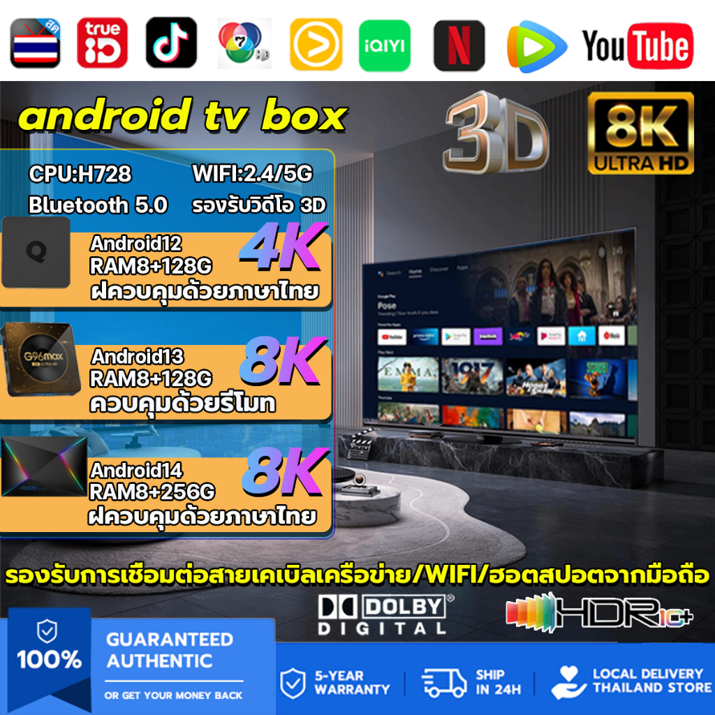 รองรับแอปทั้งหมด กล่องสมาร์ททีว 8K HD รองรับภาษาไทย  8+256G android box Google Store YouTube และ Netflix กล่องแอนดรอยbox