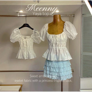 Meenny Closet | YY (มีSize)เสื้อน่ารักเเขนตุ๊กตาปักฉลุปรับสายได้