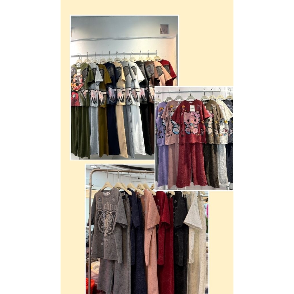 เซทSet ผ้ายืดนาโนเกาหลี เสื้อสกรีนลาย รีดเพชร