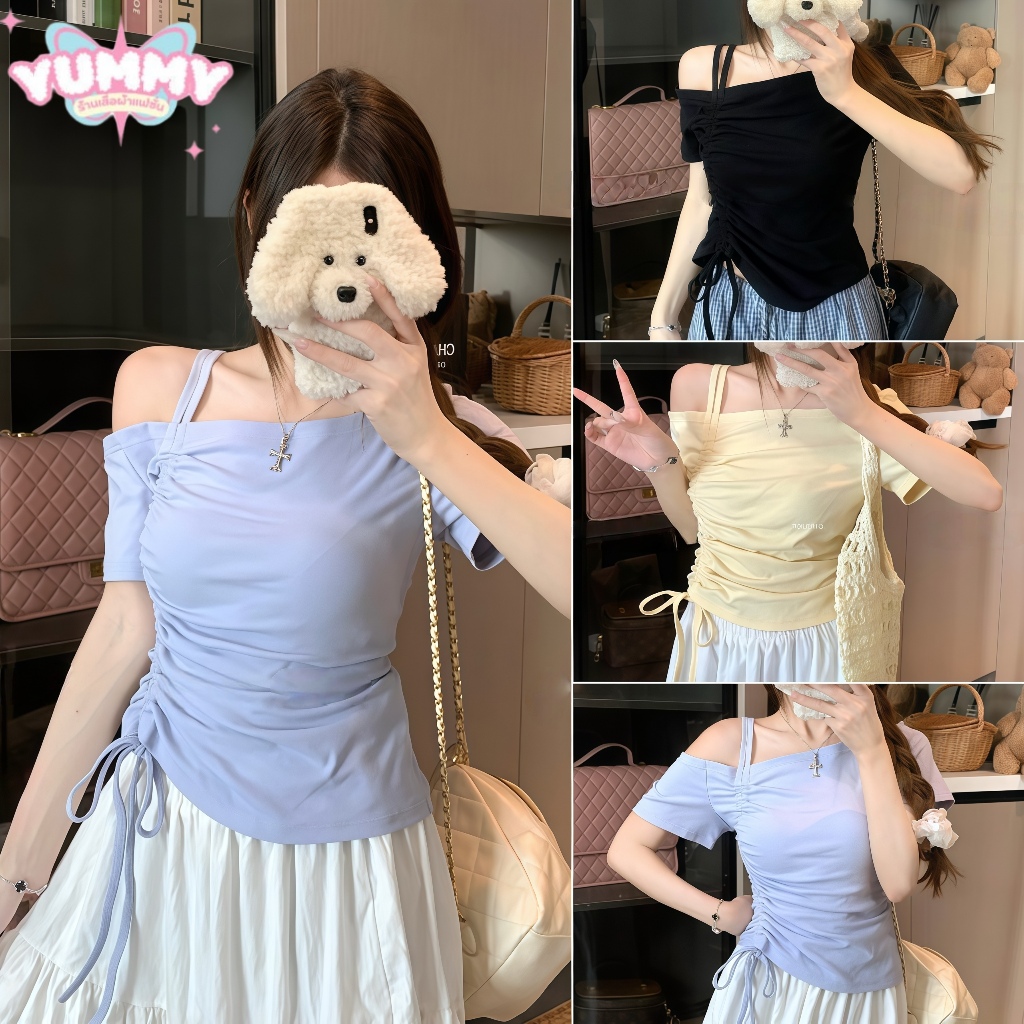 🎀Yummy Shop🎀㈠  เสื้อแขนสั้นเปิดไหล่ ใส่สบาย สีพาสเทล ทรงรัดรูปเสื้อครอป สไตล์เกาหลี เสื้อผ้าผู้หญิง' FY2542